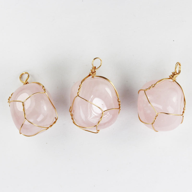 2pcs Rose Quartz Tumbled Freeform Gemstone, Gold Plated Wire Wrapped Pendant, 25mm-15mm