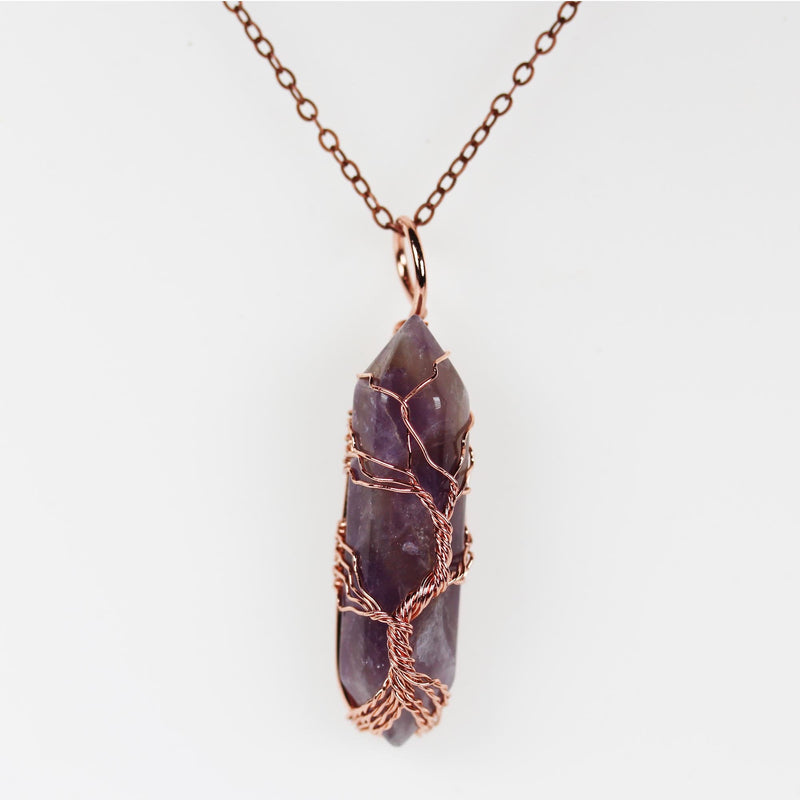 1pc Amethyst Double Terminated Point Pendant, Tree-Of-Life Copper Wire Wrapped Gemstone Pendant 10*40mm Stone