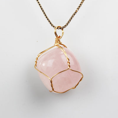 2pcs Rose Quartz Tumbled Freeform Gemstone, Gold Plated Wire Wrapped Pendant, 25mm-15mm