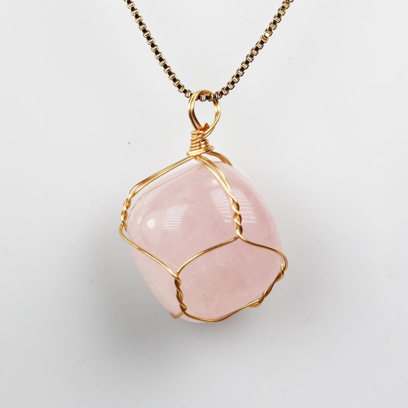 2pcs Rose Quartz Tumbled Freeform Gemstone, Gold Plated Wire Wrapped Pendant, 25mm-15mm