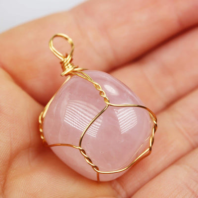 2pcs Rose Quartz Tumbled Freeform Gemstone, Gold Plated Wire Wrapped Pendant, 25mm-15mm