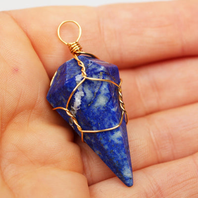 2pcs Natural Lapis Lazuli Gemstone Point Pendulum Pendant, Gold Plated Wire Wrapped Pendant, size around 20mm*40mm