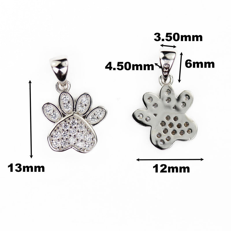 Silver Charm 925 Sterling Silver w/ Cubic Zirconia Jewellery Findings Charm Beads, Dog Paw Print Charm, 12*13mm Pendant, 6mm Bail