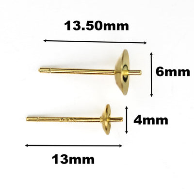 4mm/6mm Gold vermeil style earstud 10pcs 18k gold on 925 sterling silver, round bezel setting ear studs for half drilled beads